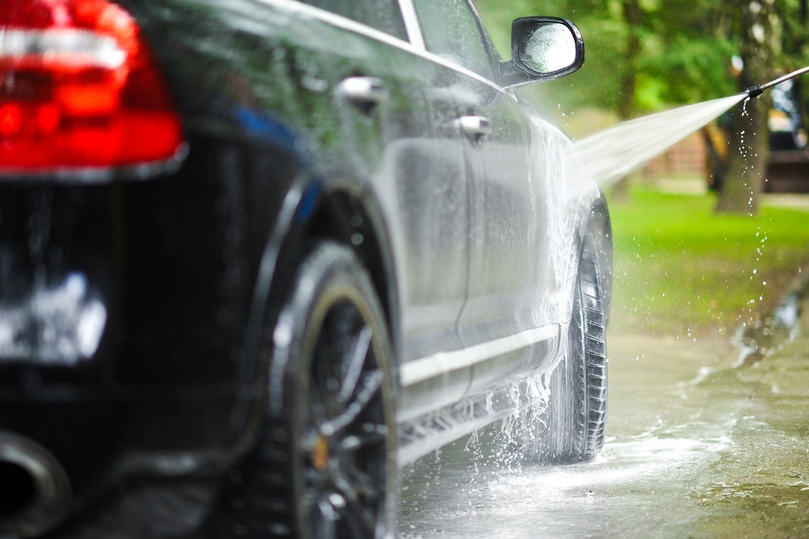 Car Washing on Back Yard. Transportation Photo Collection.
